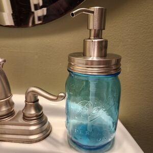 Blue Mason Jar Soap Dispenser With New Dispenser Kit And Two Labels